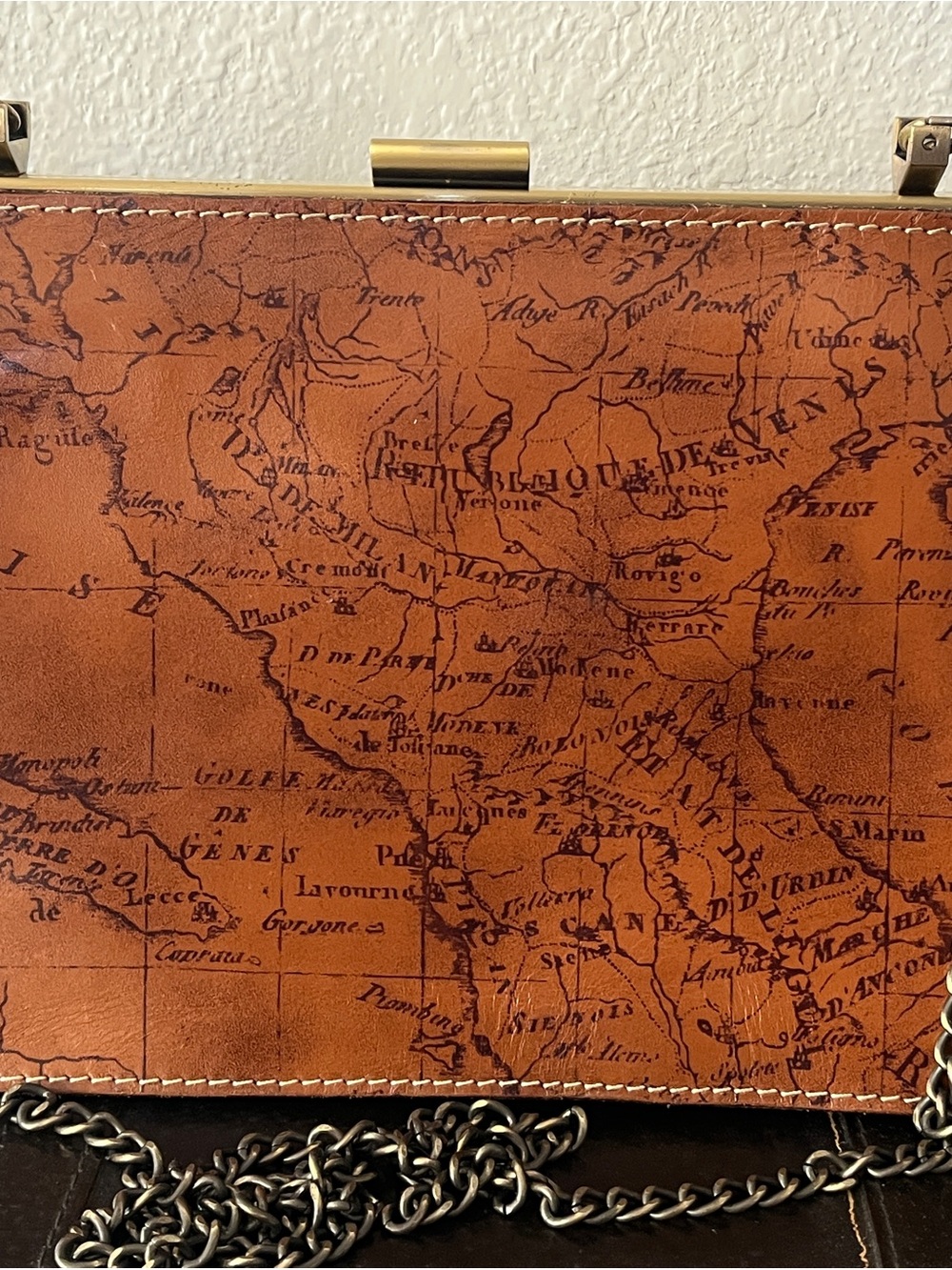 Patricia Nash Tan Map-Print Leather Shoulder Bag with Silver Chain